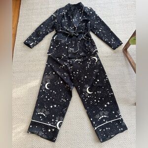 Celestial Print Set with Smoking Jacket and Pants in Black Satin